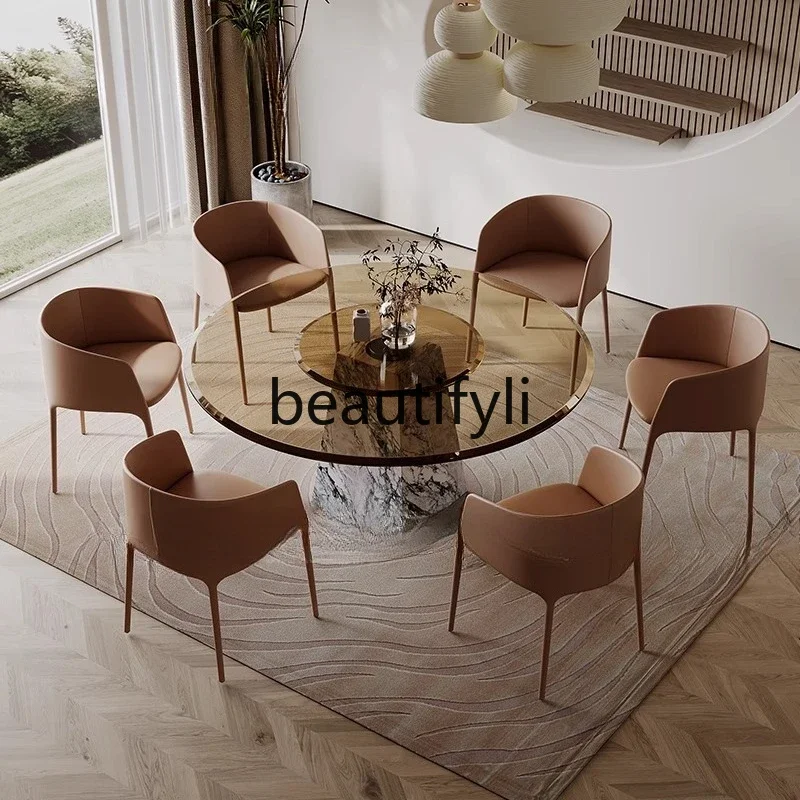

A16 Italian minimalist light luxury tempered glass round dining table, marble black round dining table