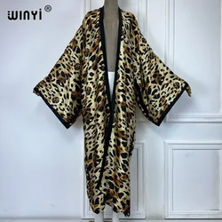WINYI Leopard print Kimonos loose dresses for woman Cardigans beach outfits kaftan beach cover up evening dress long down coat