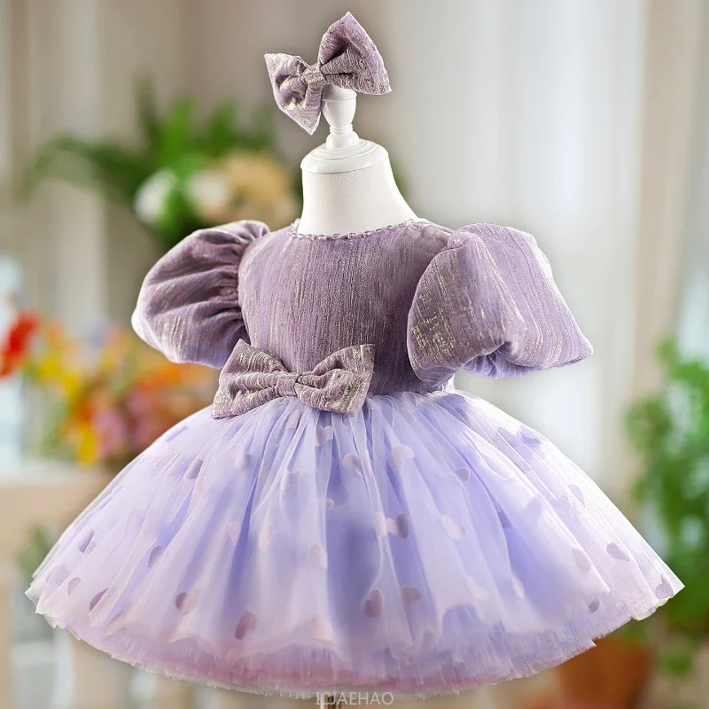 

Party Dress 2025 Purple Gown Kids Outfits Toddler Formal Wear Children Girls Birthday Dresses Bow Bubble Sleeve Tulle Princess