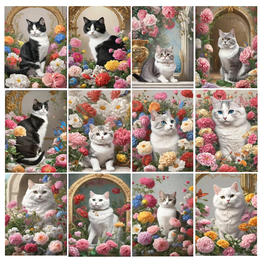 Diamond Painting New 2024 Black White Cat Flower Scenery Embroidery Mosaic 5d Diy Cross stitch Full Square Round Rhinestone W542