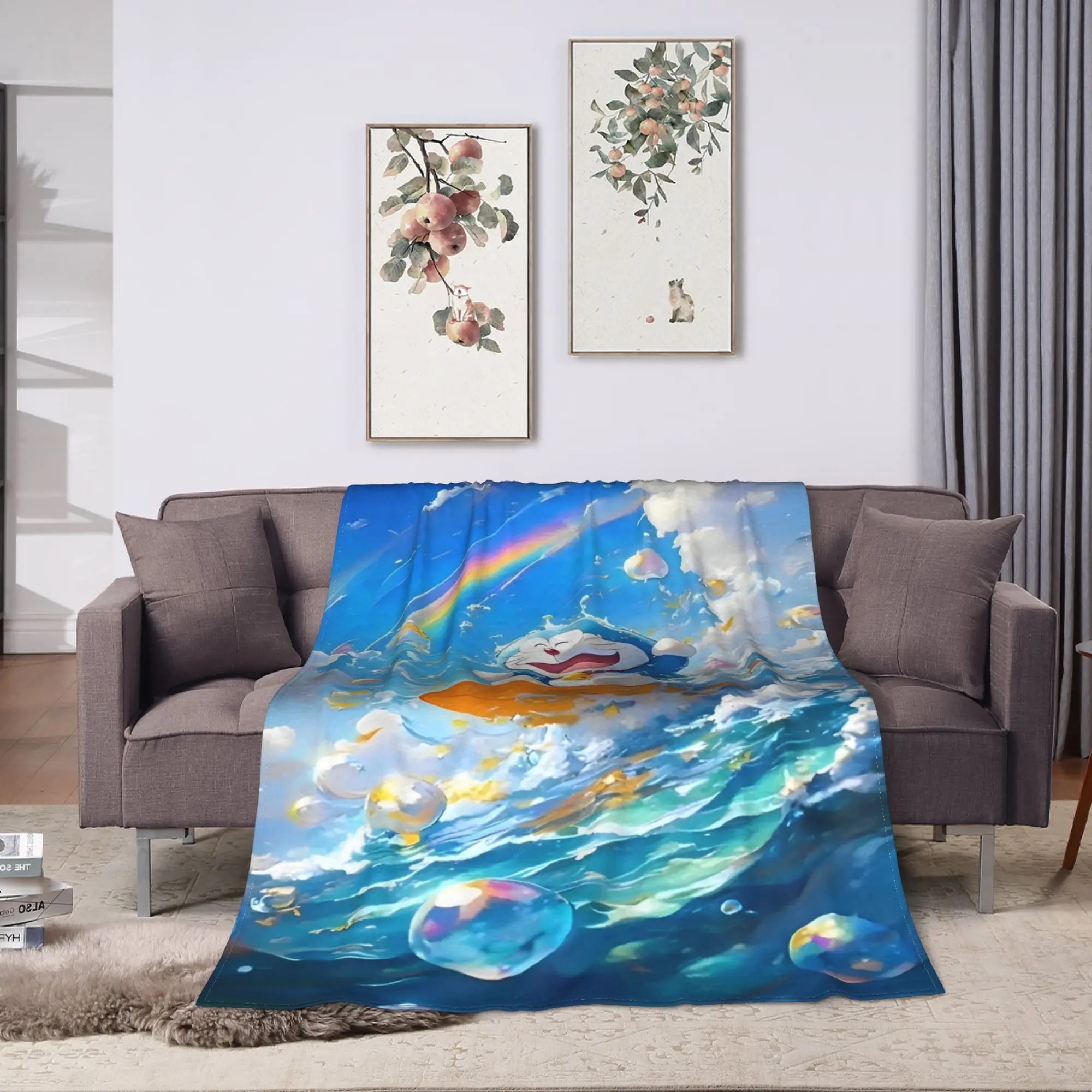 Surfing Doraemons Wave Flannel Blanket Spring  Super Warm Throw Blanket for Students Outdoor Funny Bedspread Sofa Bed Cover