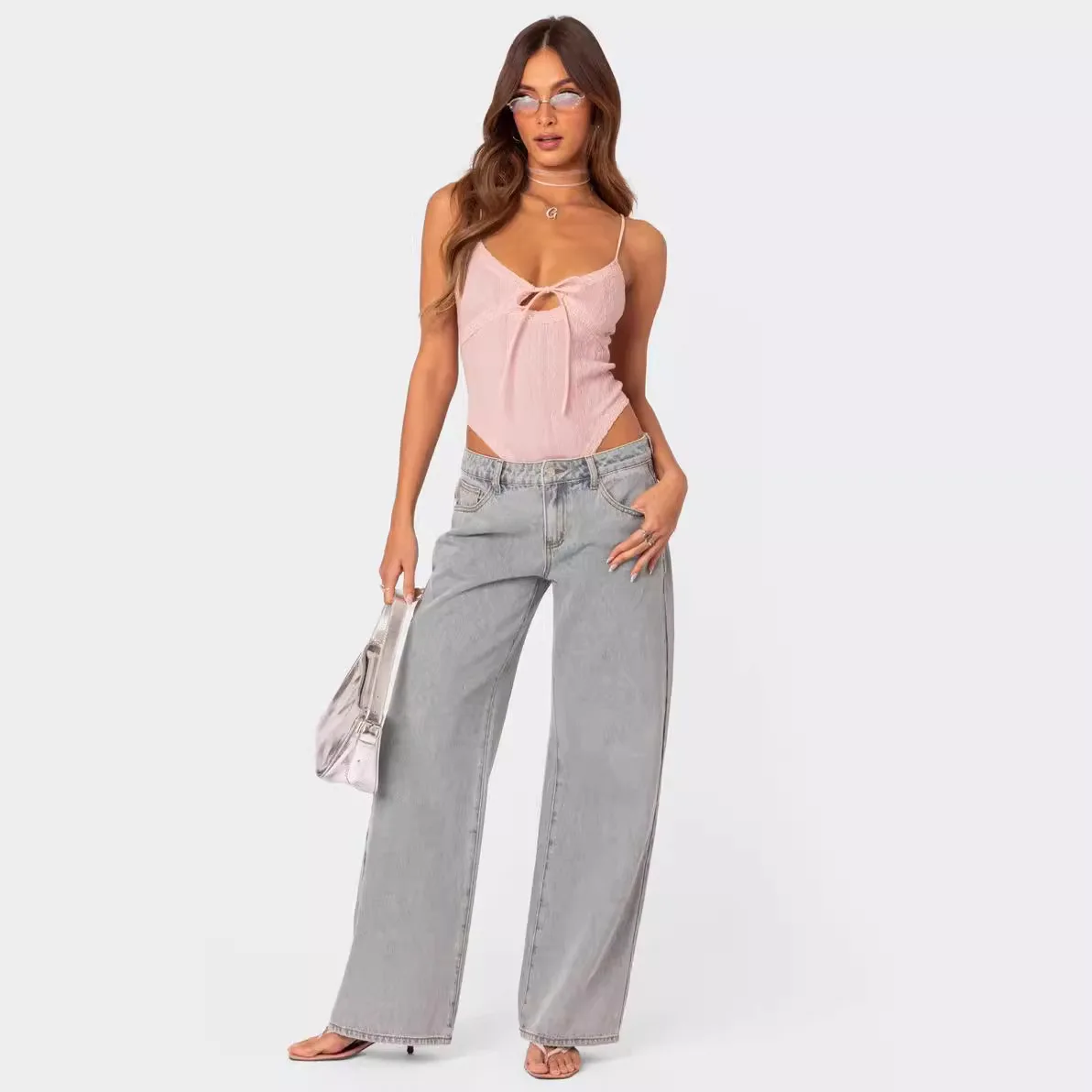 Spring 2025 women's bow ballet style embroidered denim wide leg pants washed and worn pants