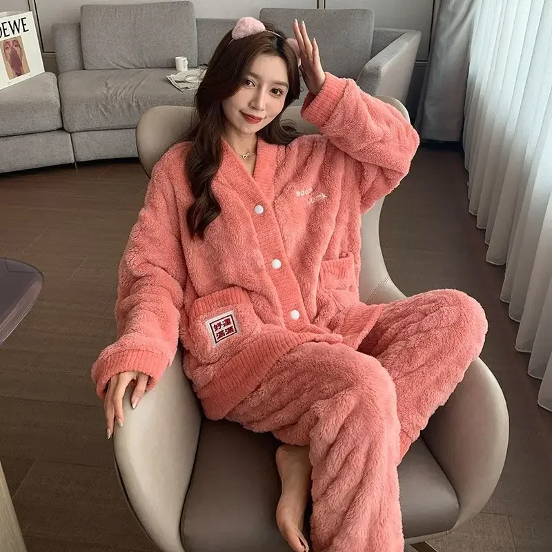 Famale Coral Velvet Pajamas Women Plus Velvet Sleepwear Suit Thickening Homewear Sets 2024 New Winter Loungewear Ladies Pijamas