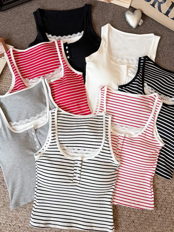 Korean Style Striped Wide Shoulder Vest Women's Lace Splice Integrated Cup Slimming Outerwear Inner Match Fake Two-Piece Top
