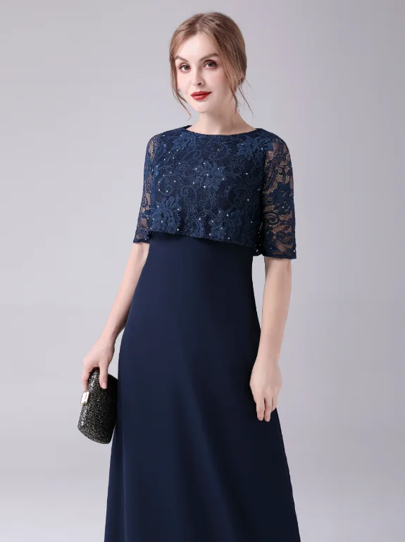 Dark Navy Blue Lace Chiffon Long Mother Of Bride Dresses With  Sleeves Women Elegant Formal Wedding Party Dress For mature Women