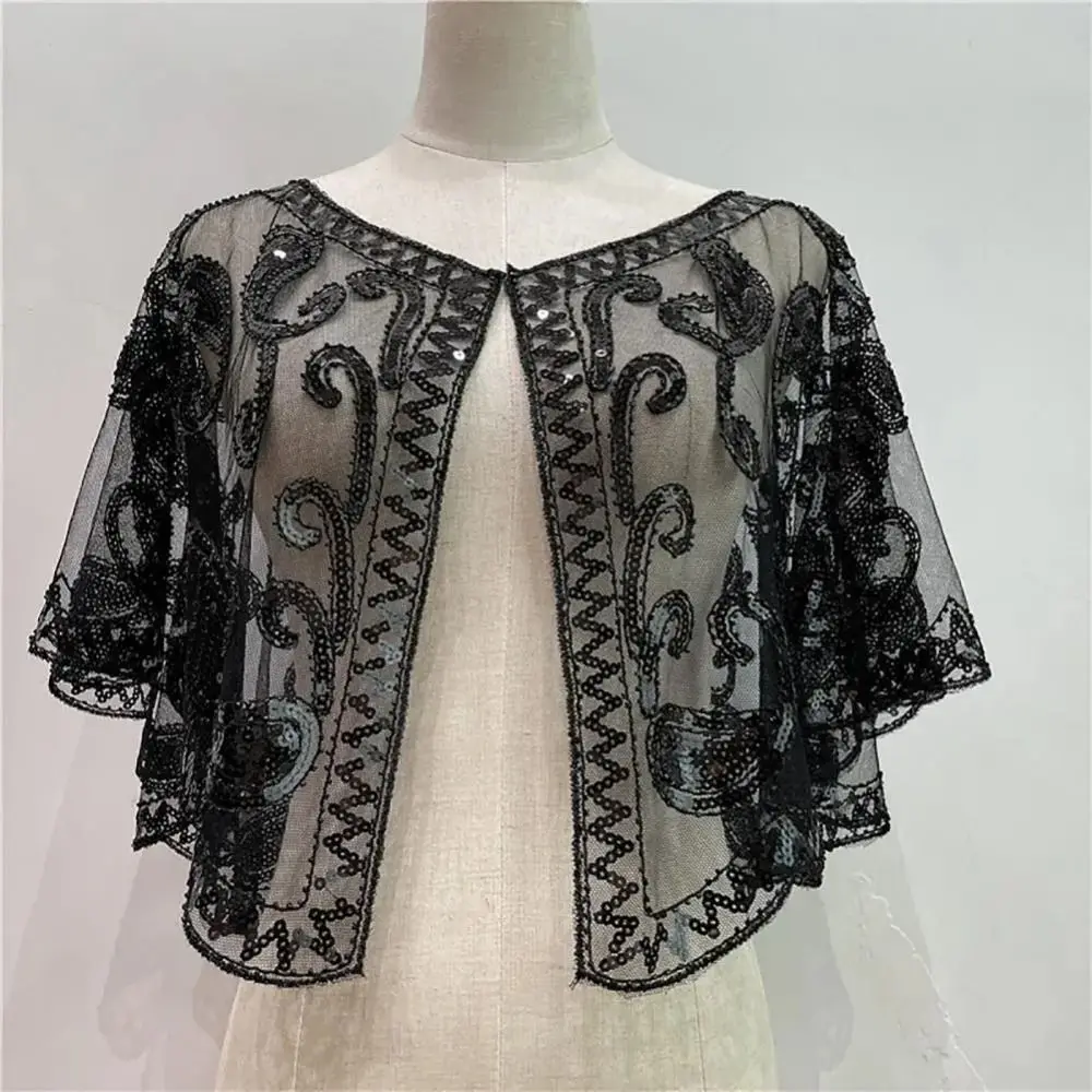 

Retro Sequins Poncho Coat Vintage Style Embroidery Sequins Tassel Shawls Blingbling Sequins Hollow Out Sequin Beaded Short Cape