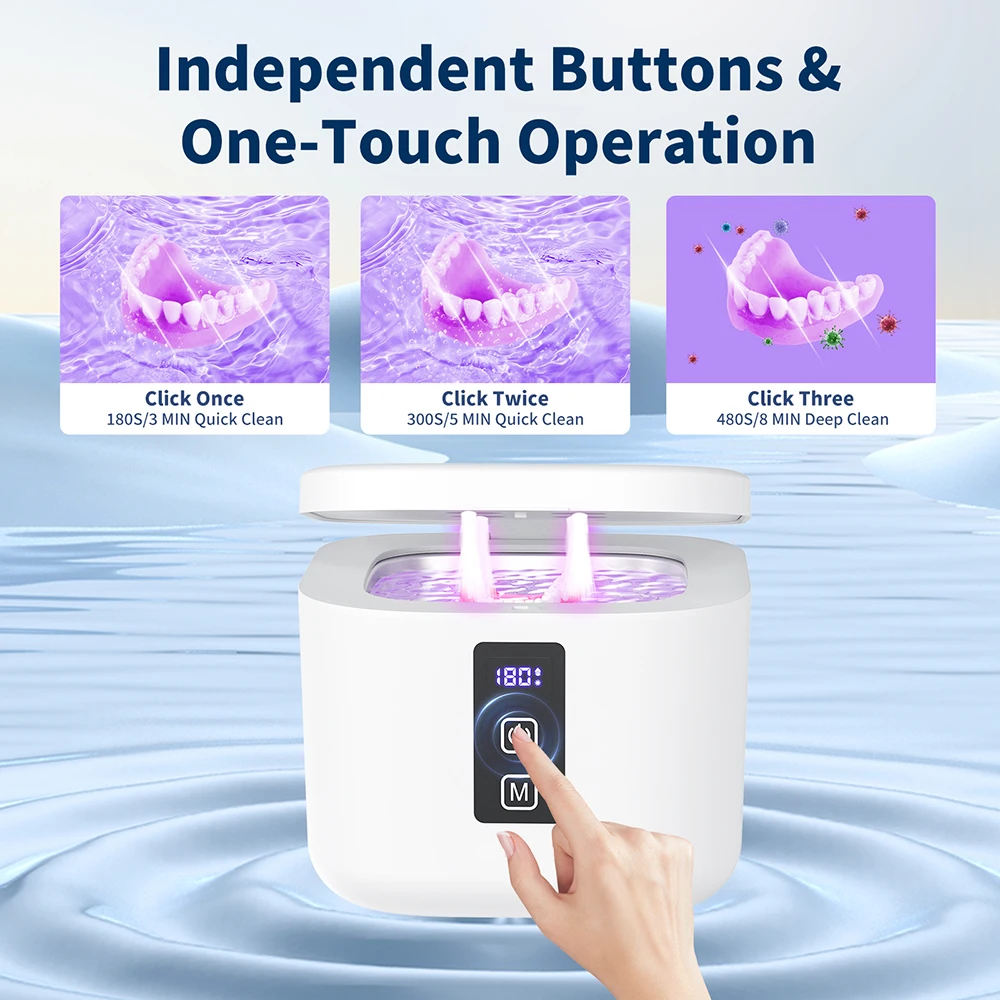 KUNPHY Ultrasonic Cleaner Portable Retainer Denture Cleaning UV Light 48kHz Adjustable Modes For Jewelry Dentures Braces Ring