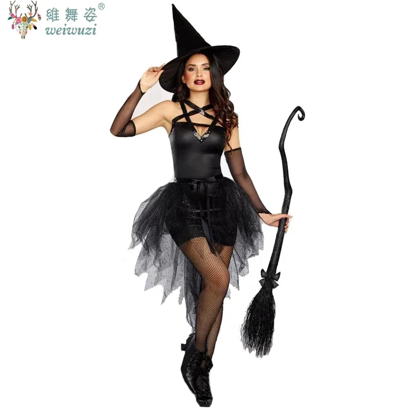 

Cosplay Costume Party Dress Carnival Halloween Costume Sexy Witch Adult Woman Costume Gothic Crape Tutu Sorceress Fancy Playsuit