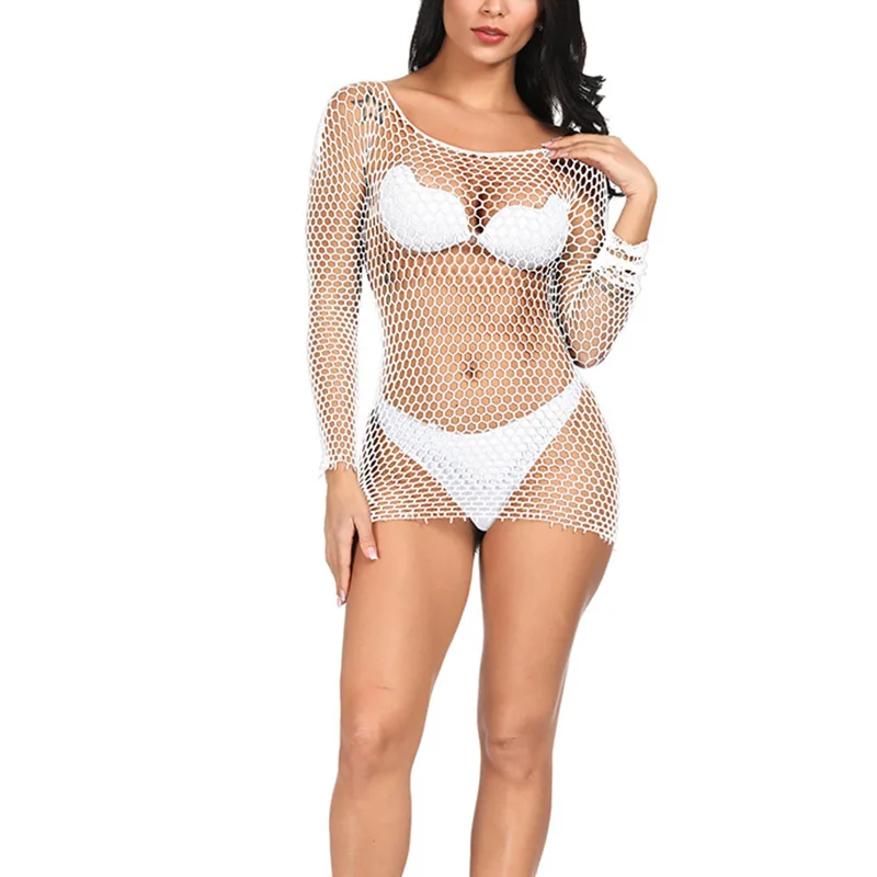 Women Mesh Black White Basic T Shirt Fishnet Bodystocking Hip Wrap Night Dress Sexy Long Tee Shirts Hollow Out Long Sleeve Tops