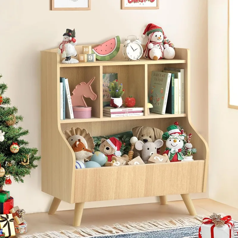 

Kids Bookshelf and Toy Storage, 3-Tier Wooden Bookcase, Baby Book and Toy Storage Display Organizer with Spacious Top Shelf for