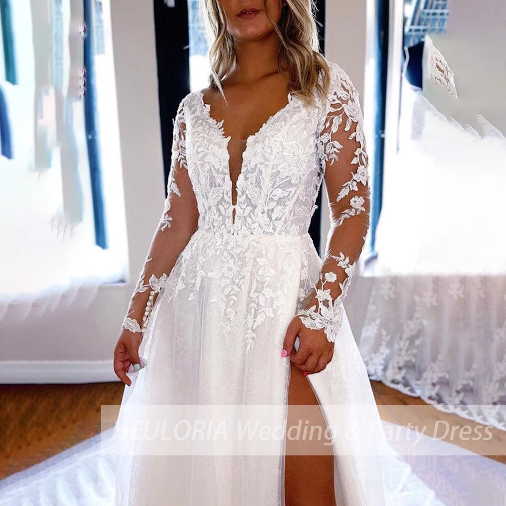 Elegant lace applique A line wedding dress long sleeve shinny skirt bridal dress Robe De Mariee Bride Dress