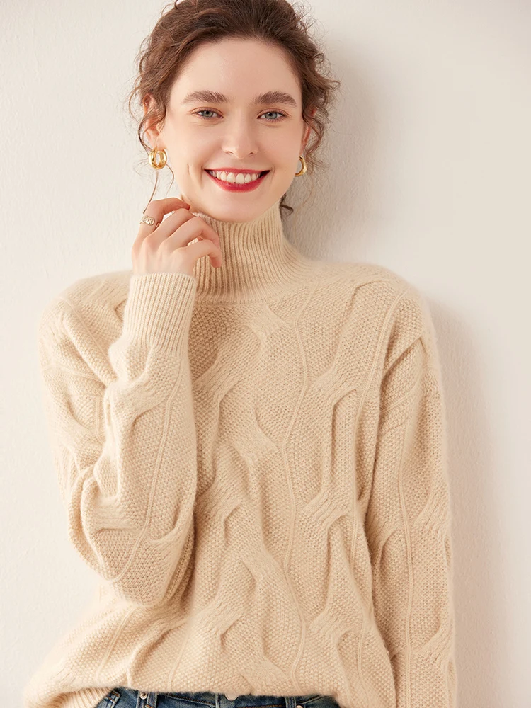 Winter 100% Cashmere Women Sweater Thick Soft Warm PulloverTurtleneck Twist Flower Jerseys Knitwear Female Casual Loose Jumpers