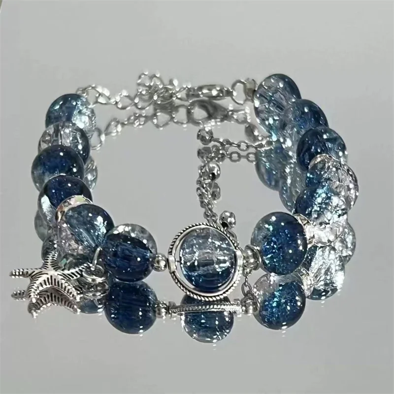 Fashion Blue Gradient Crystal Beads Starfish Bracelet for Women Niche Design Chic Butterfly Tassel Pendant Bracelet Jewelry Gift