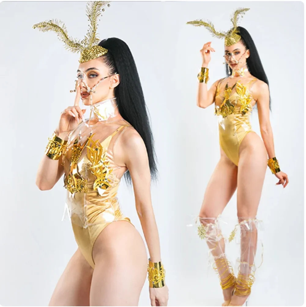 Golden Bodysuit Gogo Dancewear Rave Festival Clothing Pole Dance Outfit Tentacle Headgear Punk Dancer Stage Costume