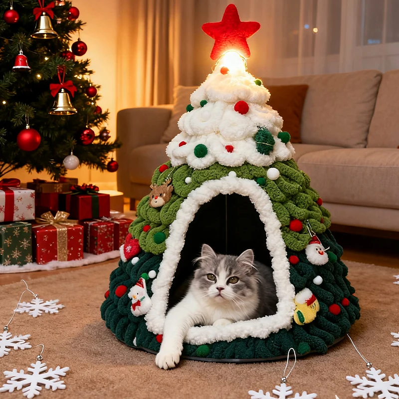 

Winter Warm Christmas Tree Pet House Semi Enclosed Felt Cone Design Security Weave Cat Bed for Cats Puppies Seasonal Gift