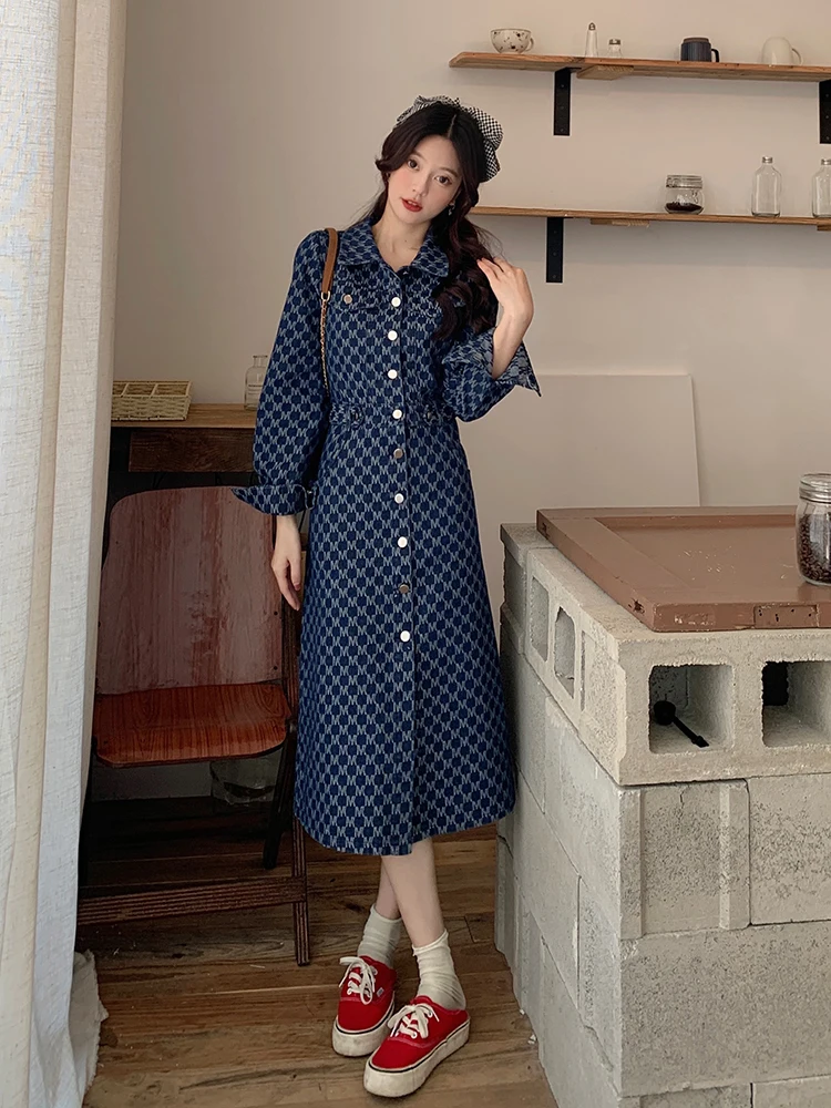 Women Denim Long Dresses Female Lapel Collar Long Sleeve Large Size Elegant A Line Autumn ​Winter Single-breasted Blue Vestidos