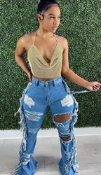 Casual Women's Jeans Spring Summer Ripped Fringe Slim Fit Comfortable Fashion Solid Color Straight Leg Pants For Ladies