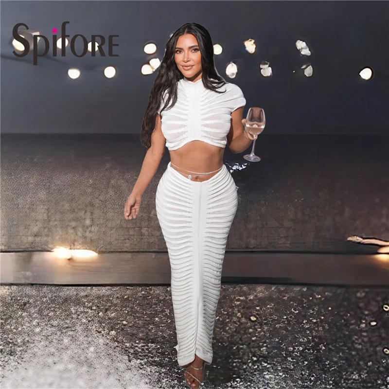 

Spifore Elegant Knitted Women Two Piece Set Short Sleeve O Neck Crop Top Bodycon Long Skirt Sexy See Through Party Club Suits