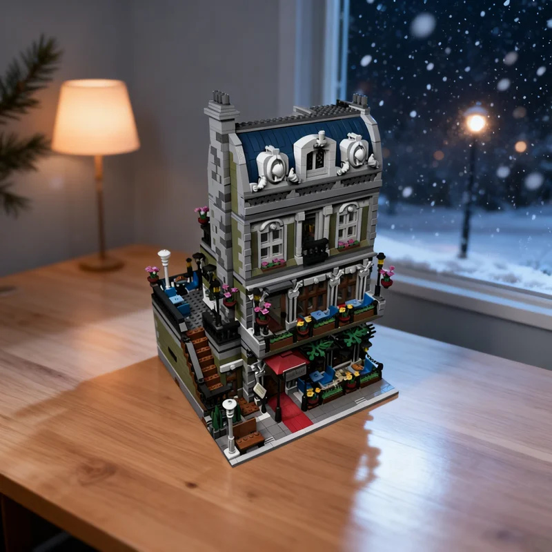 

3797 деталей MOC: Парижский ресторан, расширяемая модульная модель городской улицы, строительные блоки, архитектурная игрушка, рождественский подарок, конструктор для детей