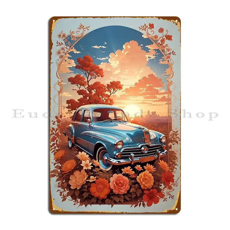 Affiche métallique vintage au design floral, style cinéma, avec charme rétro et caractères vintage