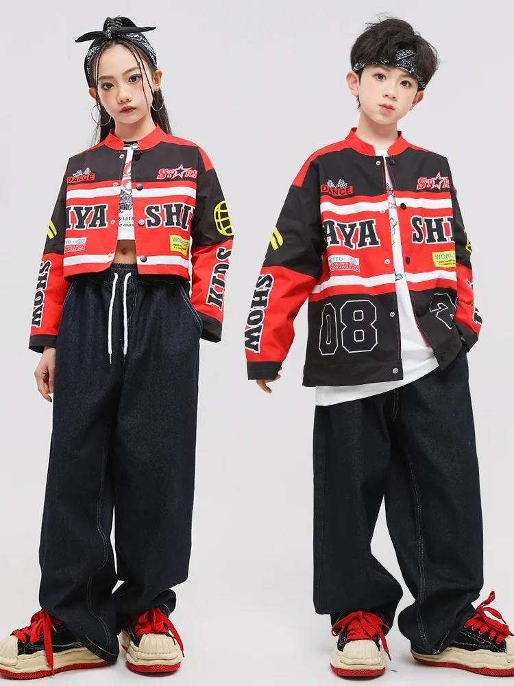 Boys Hip Hop Motorcycle Jacket Cargo Pants Girls Street Dance Contrast Crop Coat Kids Jazz Clothes Sets Children Cool Streetwear