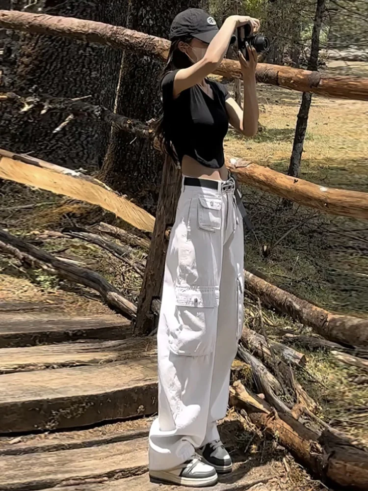 

Американские свободные брюки для горного туризма, женские, весенне-осенние, белые, рабочие, с высокой талией, широкие штанины