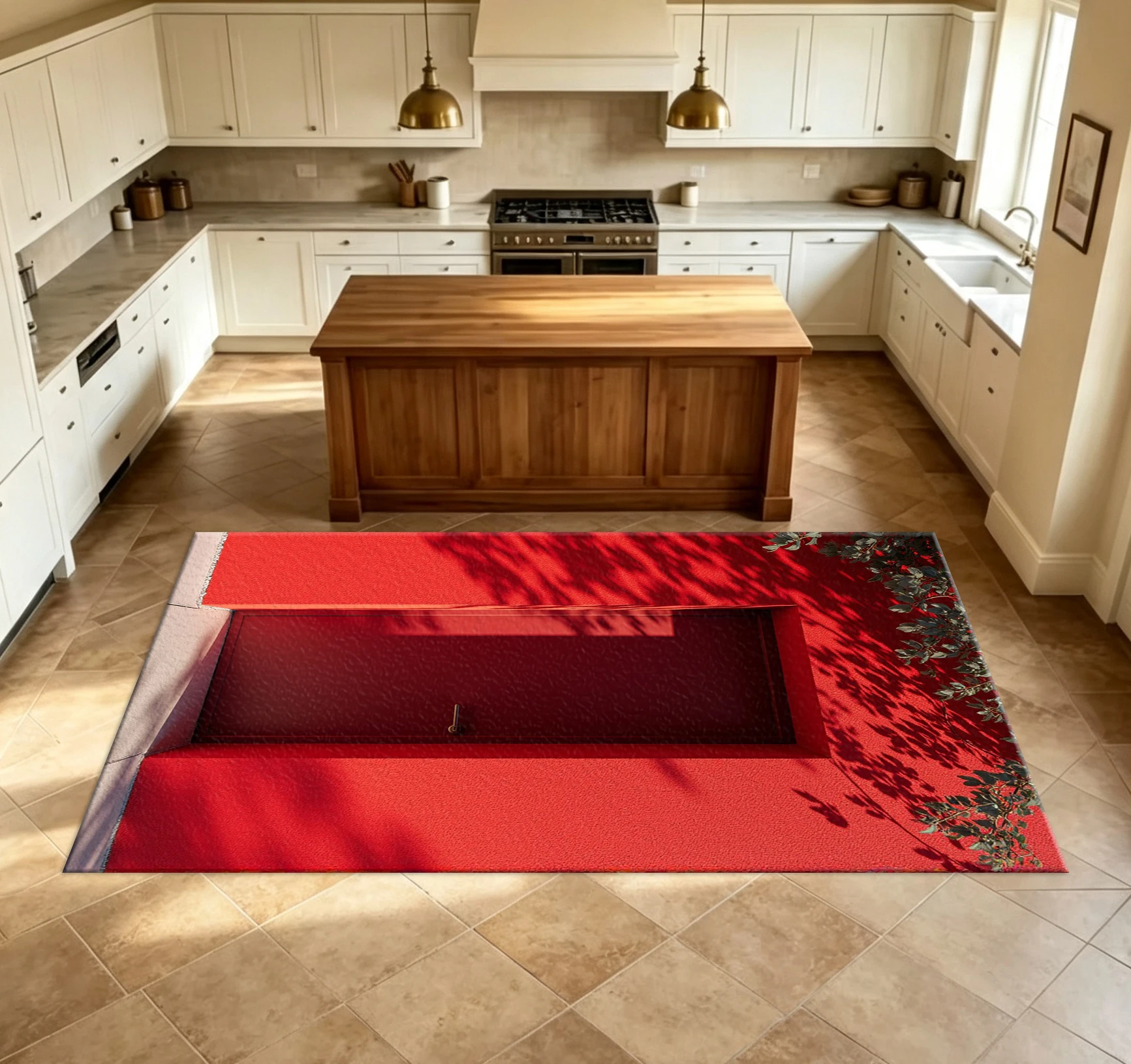 Bright Red Walls and Plant Shadows Create a Harmonious Scene, Modern Minimalist Carpet Flooring, Abstract Architectural Art Floor Carpet, Suitable for Home Living Room Decoration