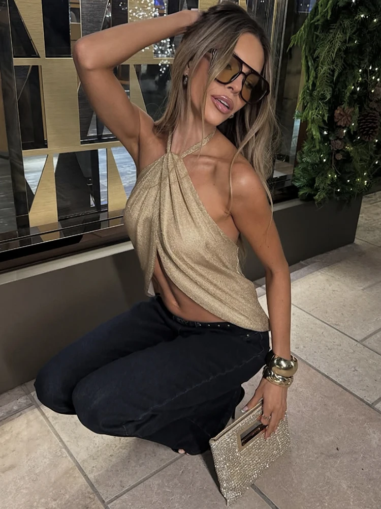 

Cutenew блестящая нить майка женская сексуальная святого Валентина Холтер бинты с открытой спиной неровный подол рюшами без рукавов жилет