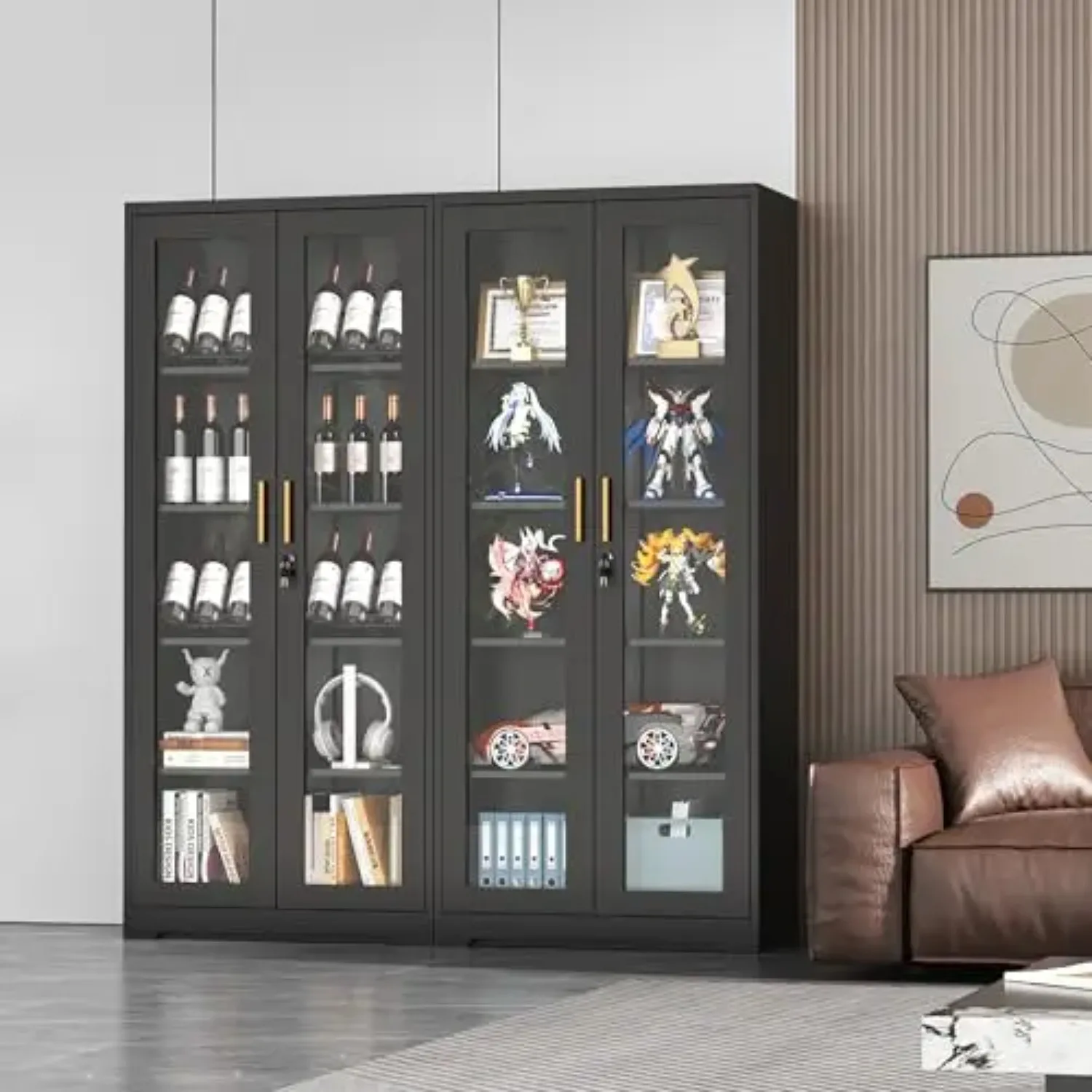 Lockable Display Cabinet with Glass Doors and 4 Adjustable Shelves | Curio Cabinets，Liquor Bookcase Bookshelf with