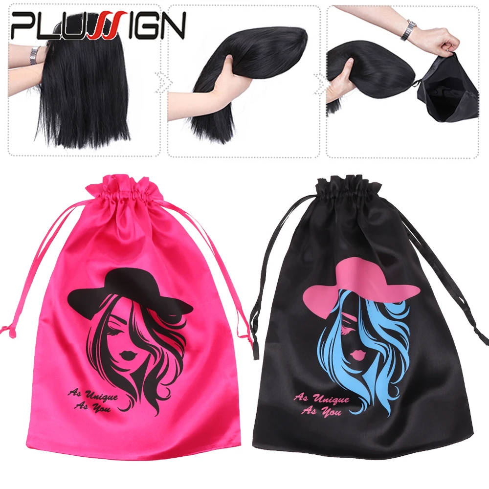 6Pcs Satin Wig Storage Bags With Beautiful Pictures Silk Bags With Drawstring Storage Satin Bag For Wigs Bundles Hair Extension
