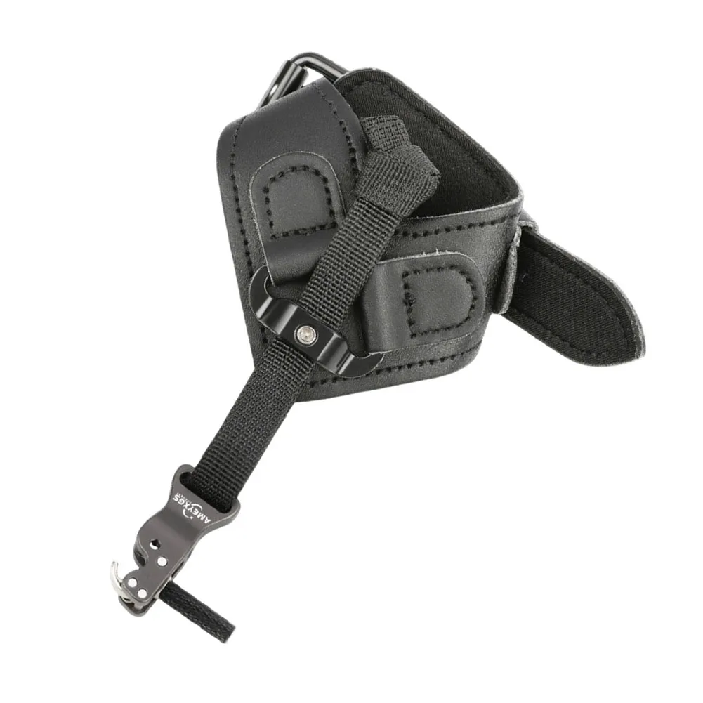 

Adjustable Compound Bow Release Aid Featuring Rotatable Wrist Strap and Secure Buckle for Right or Left Hand Practice