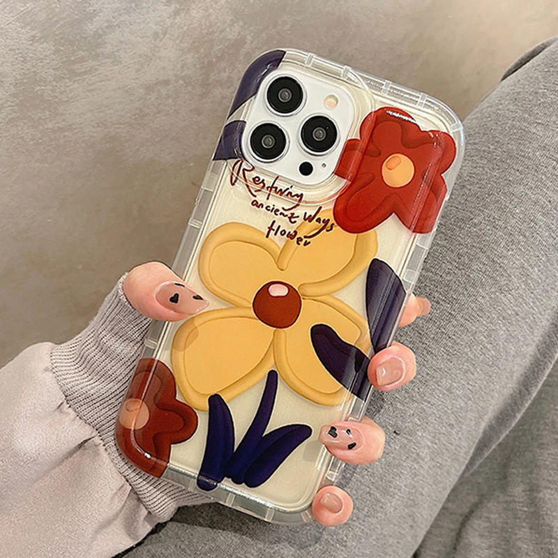 For iphone 14 15 Plus 13 12 11 Pro Max Mini X XR XS MAX 7 8 Plus SE2020 Case Transparent Shockproof Bumper SunFlower Phone Cover