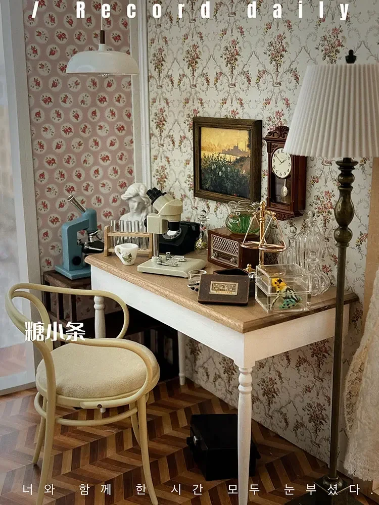 Miniature Doll House Furniture Mini Scientist Workbench Desk Studio Scene School Things  Bookshelf Doll House Accessories