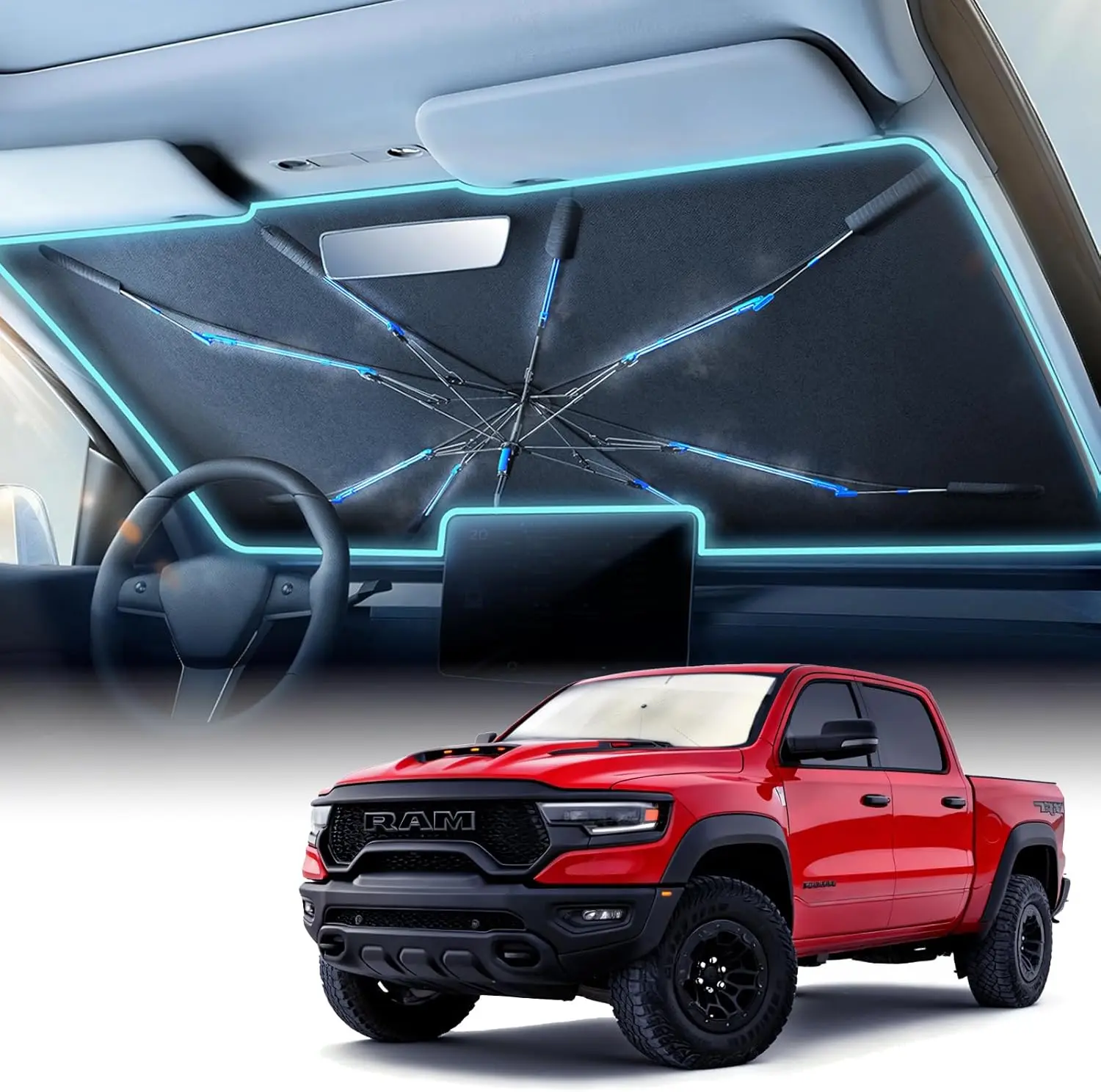 Large Windshield Sun Shade for RAM Trucks 1500/2500/3500, 61x35 Inch, UV Blocking Heat Protection