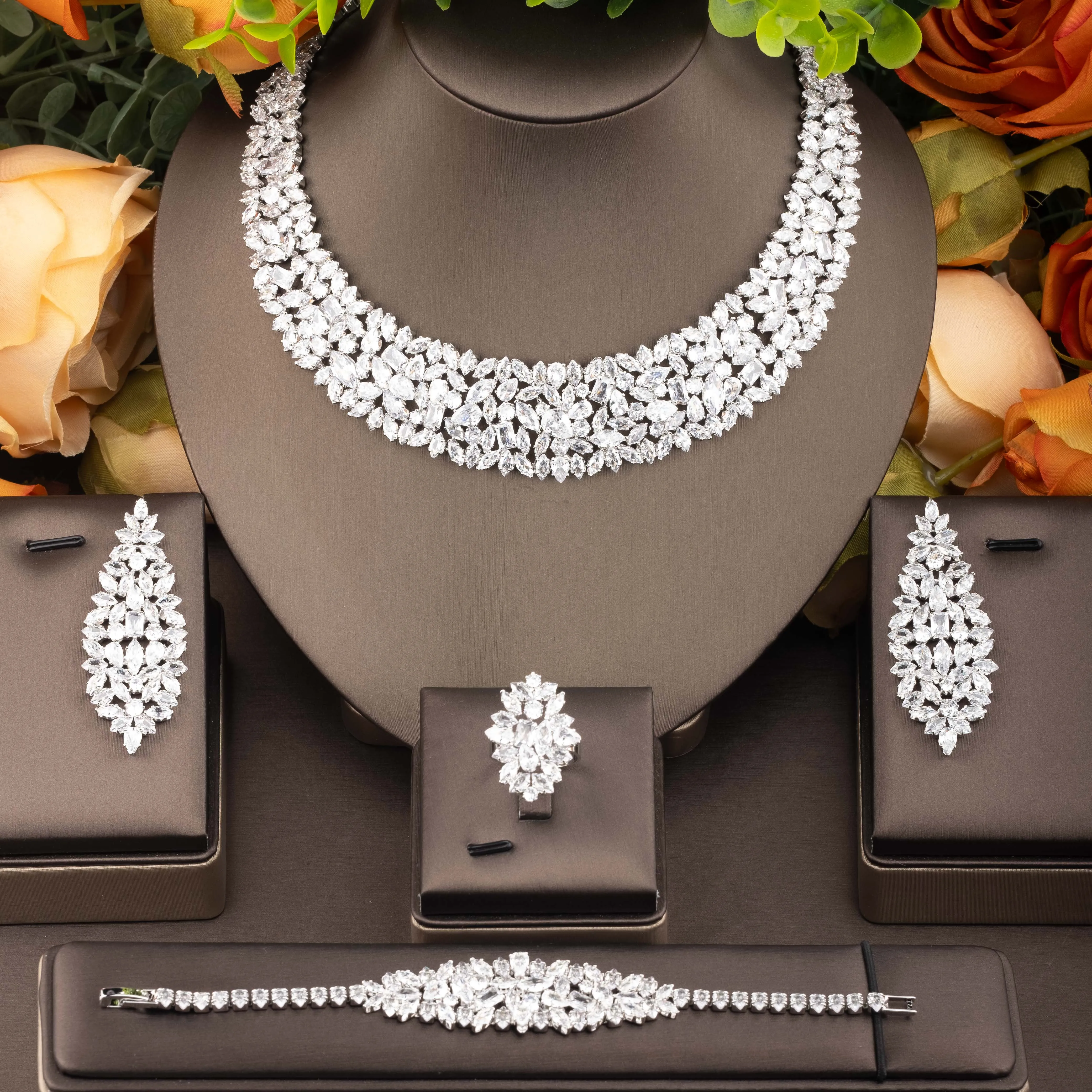 1 Set of Classic Cubic Zirconia Multi-Row Design Party Jewelry Set Suitable for Women to Wear at Weddings. Gift Box Not Included