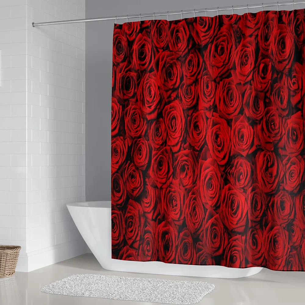 Rose Shower Curtain, Red Flower Fabric Bathroom Curtains Set with 12 Hooks Floral Bathroom Decor Polyester Machine Washable