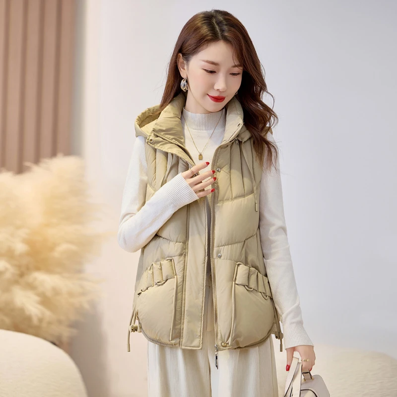 

Однотонный короткий пуховый хлопковый жилет с воротником-стойкой, куртки 202, осень-зима, новый свободный женский пуховый жилет с карманами и капюшоном