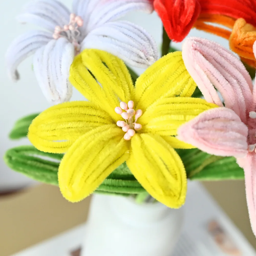 5Pcs Lily DIY Artificial Flower Chenille Stem Fluffy Wire Pipe Cleaners Twist Stick Children Educational Toys Creative Handcraft