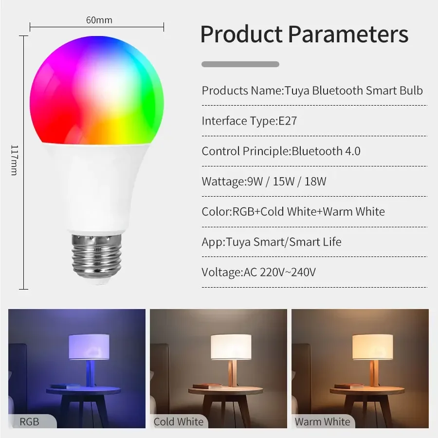 Tuya-Lâmpada LED regulável inteligente, E27, 9W, RGB, SmartLife, Controle de APP, Bluetooth, Lâmpada inteligente com controle remoto, Iluminação LED