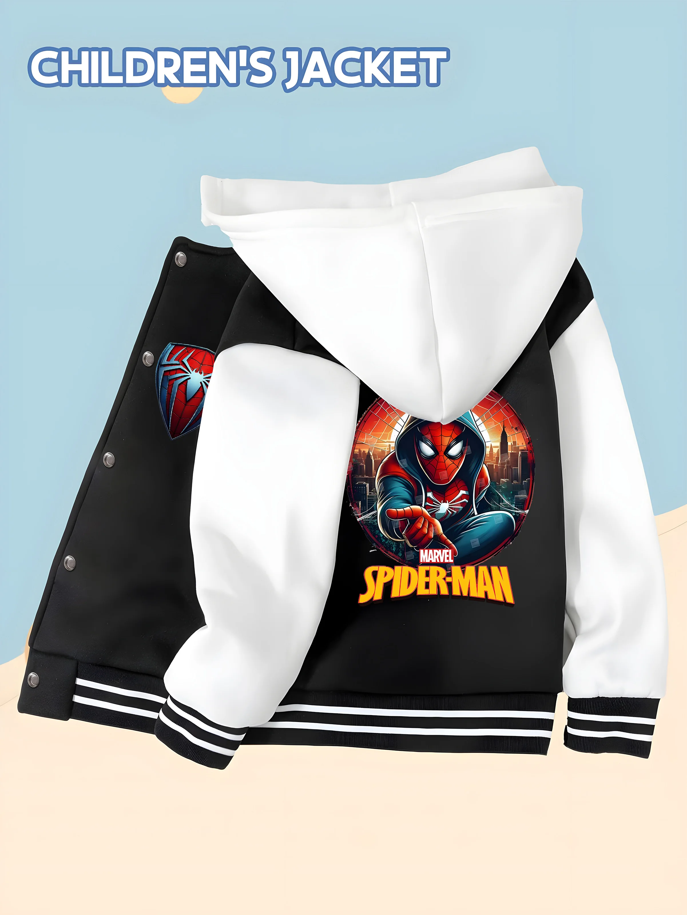 

MINISO Trendy co-branded Spider-Man children's baseball jacket with cool prints, black and white contrast, trendy and childlike,