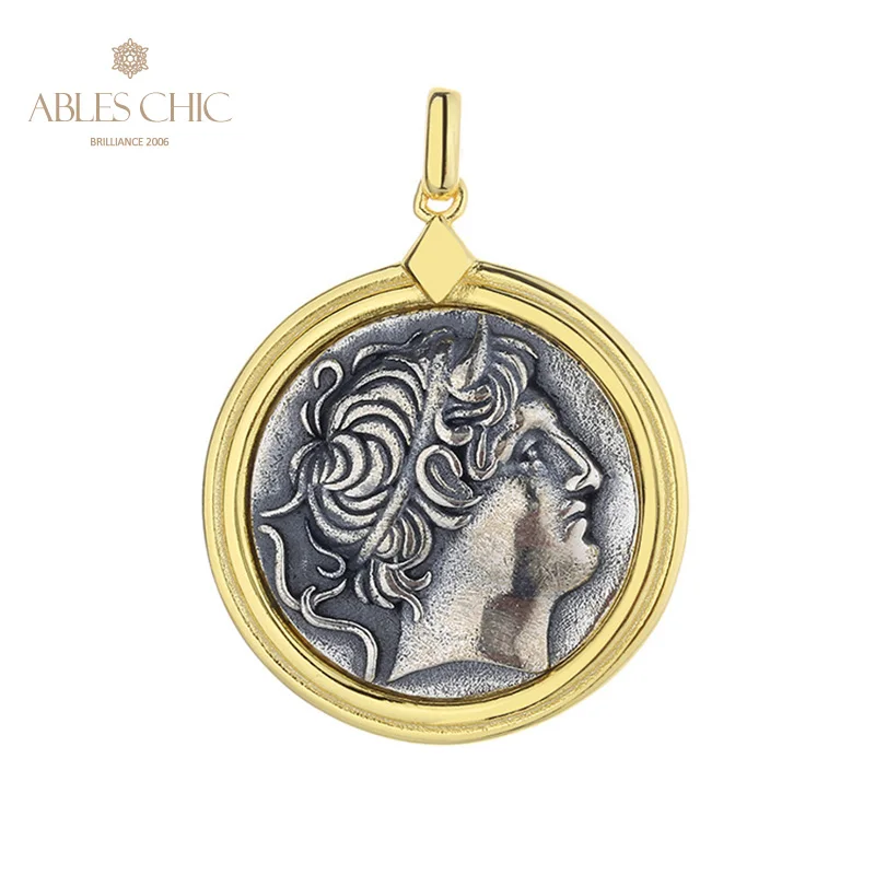 

Ables Chic Greek Demetrius I of Macedonia Silver Coins Charm 18K Gold Two Tone Solid 925 Silver Roman Coin Pendant Only N1080