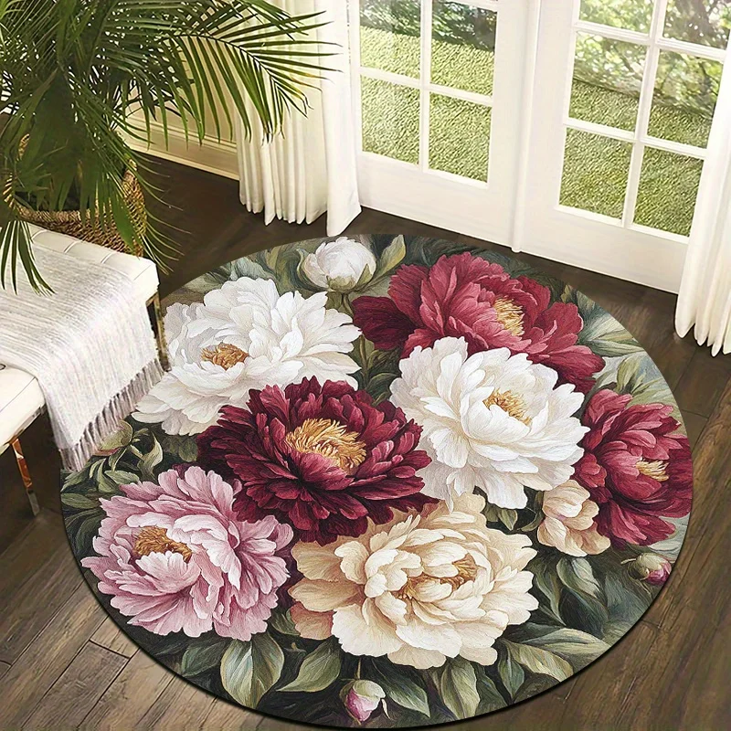 A Round Mat Featuring Blooming Peonies in a 2D Design, Lightweight And, Machine Washable, Perfect for Home Decor. It Has a Floral Pattern That Creates an Elegant And Graceful Atmosphere, Suitable for a Living Room Or Bedside Rug