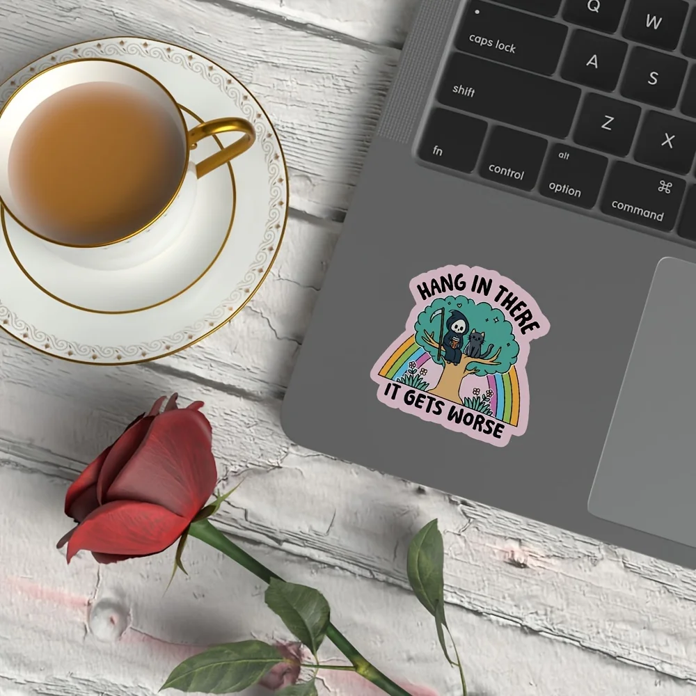 

Interesting 'Hold on, things will get worse' sticker with cat and death god designs - a gift for book lovers