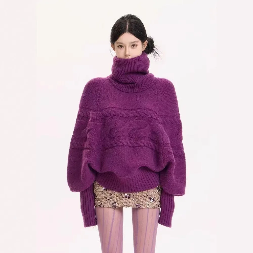

Женский вязаный свитер, осень-зима 2022, новый ленивый стиль, водолазка, фиолетовый теплый универсальный женский вязаный топ