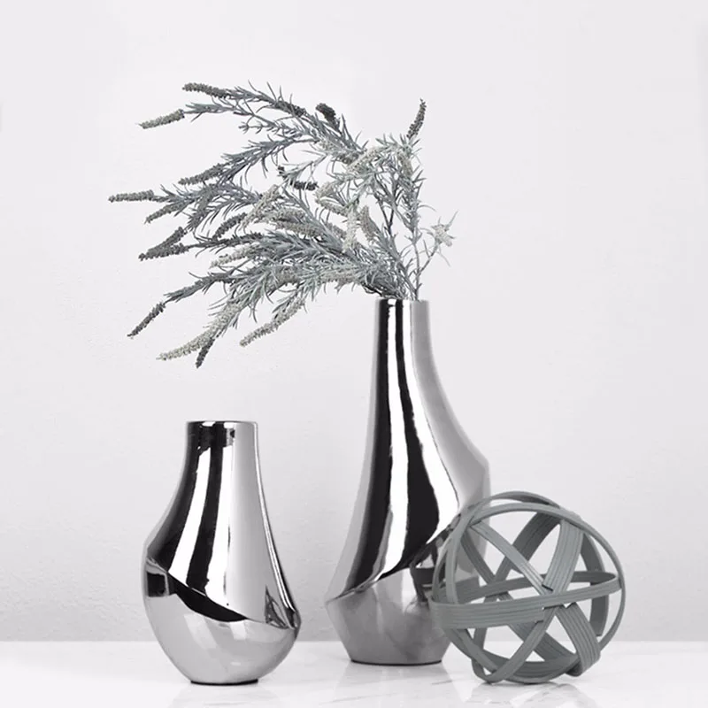 Simple Modern Home Decor Ceramic Resin Mirror Shaped Electroplating Silver Vase Simulation Living Room Decorations Flower Pot