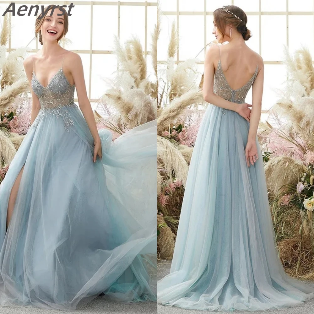 Luxury Evening Gowns Appliques Spaghetti Strap Backless Prom Dresses Sexy A-line Bridesmaid Gown For Women Wedding Party Dress