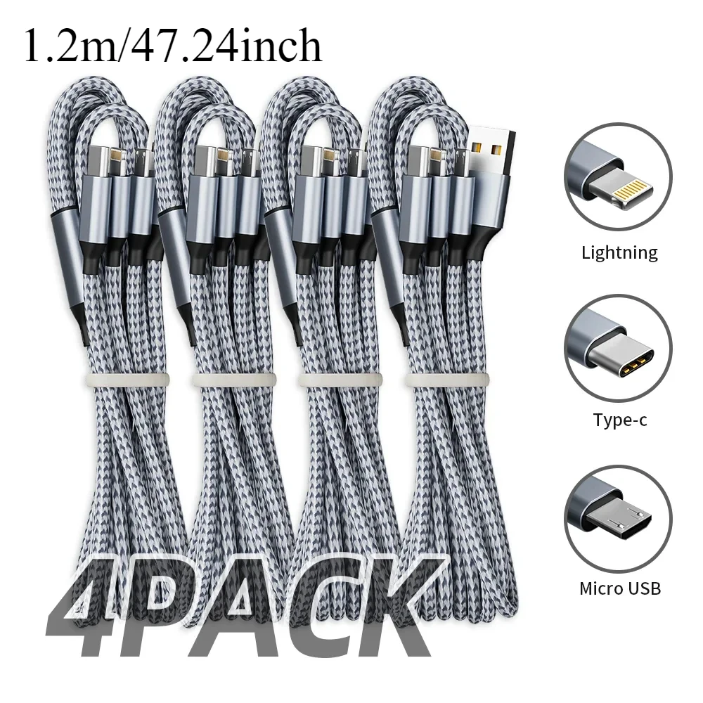 4 Pcs 3-in-1 nylon braided Usb Cable for a variety of devices MFi certified USB Fast charging with Type-C Micro USB IP interface