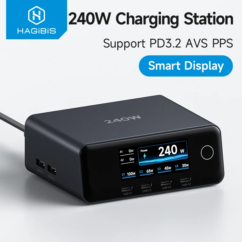 Hagibis 240W Dekstop Charging Station 6-Port GaN USB C Fast Charger with LED Smart Display for Macbook iPhone iPad Laptops Dell