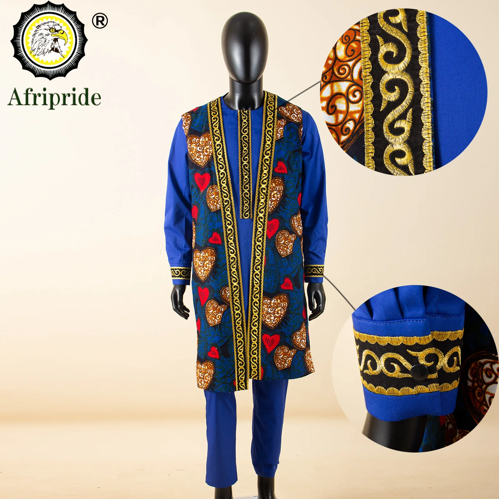 남성용 아프리카 의류 프린트 자켓 자수 셔츠 및 바지 3 피스 세트 다시키 의상 플러스 사이즈 포멀 복장 A2216035