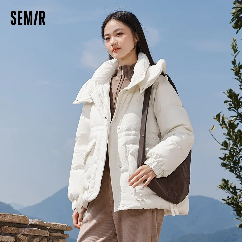 Semir piumino donna medio lungo allentato con cappuccio vita 2023 inverno nuovo piumino strutturato tinta unita